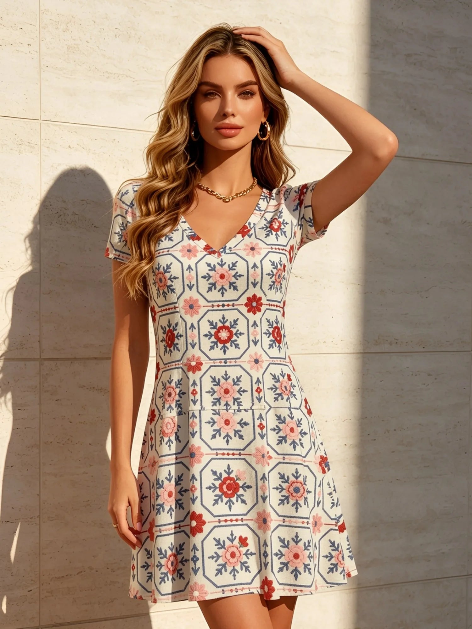 Womens V Neck Floral Print Short Sleeve Swing Dress Relaxed Fit Summer Mini Dress for Everyday Outings Travel and Summer Parties