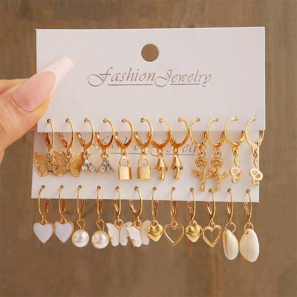 Heart Pearl Dangle Earrings Set Metal Gold Color Butterfly Locks Earrings For Women'S Shell Trendy Jewelry Hoop Earrings 2024