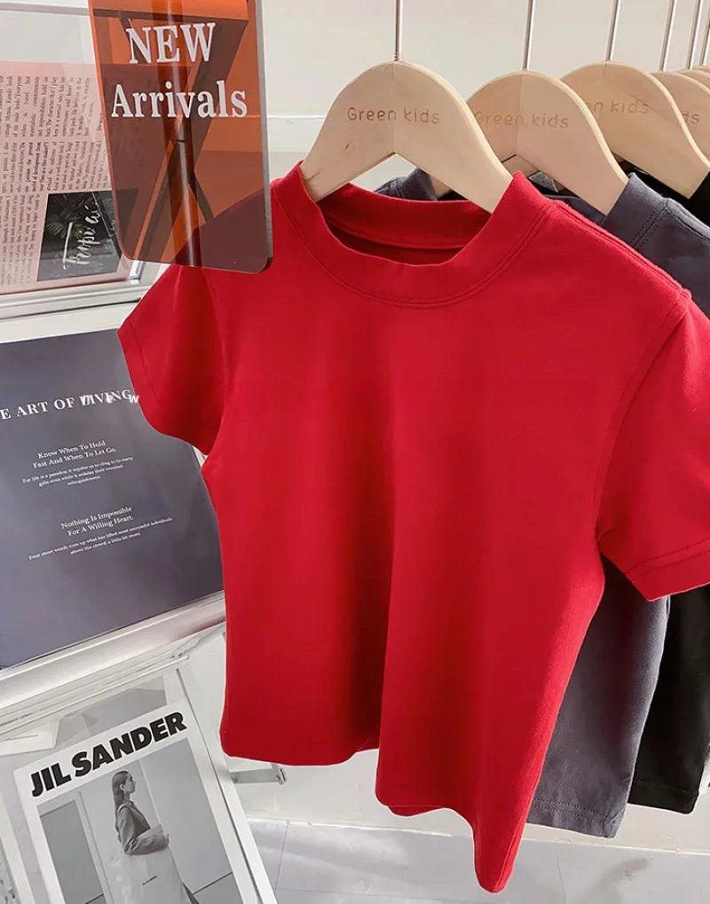 Kids Solid Color Cotton T-Shirt 2026 Spring Summer New Boys Girls Round Neck Short Sleeve Basic Tops Children Casual Tees