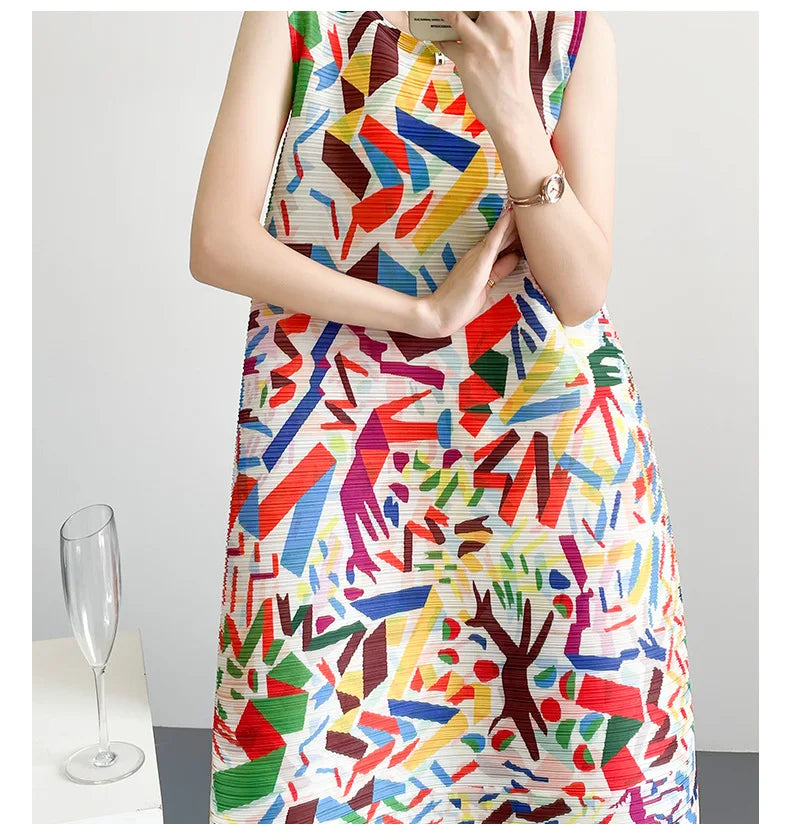 2026 Summer Retro Print Design Flared Dress Women Loose Fit Plus Size Fashion Elegant Sleeveless Dress Travel Vacation Wear