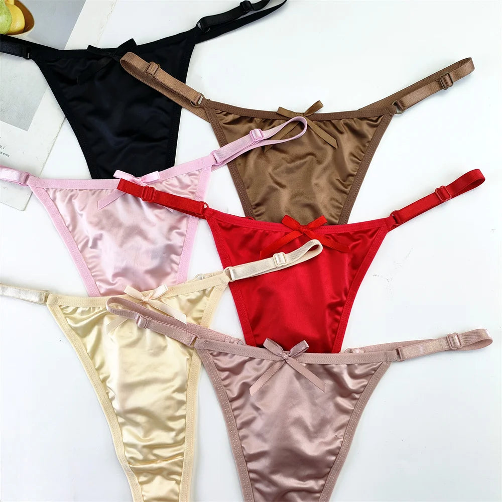 3PCS/Set Glossy Satin Pink Thong Adjustable Low Waist Women Smooth Silk G-string Sexy Plus Size Panty Set Underwear