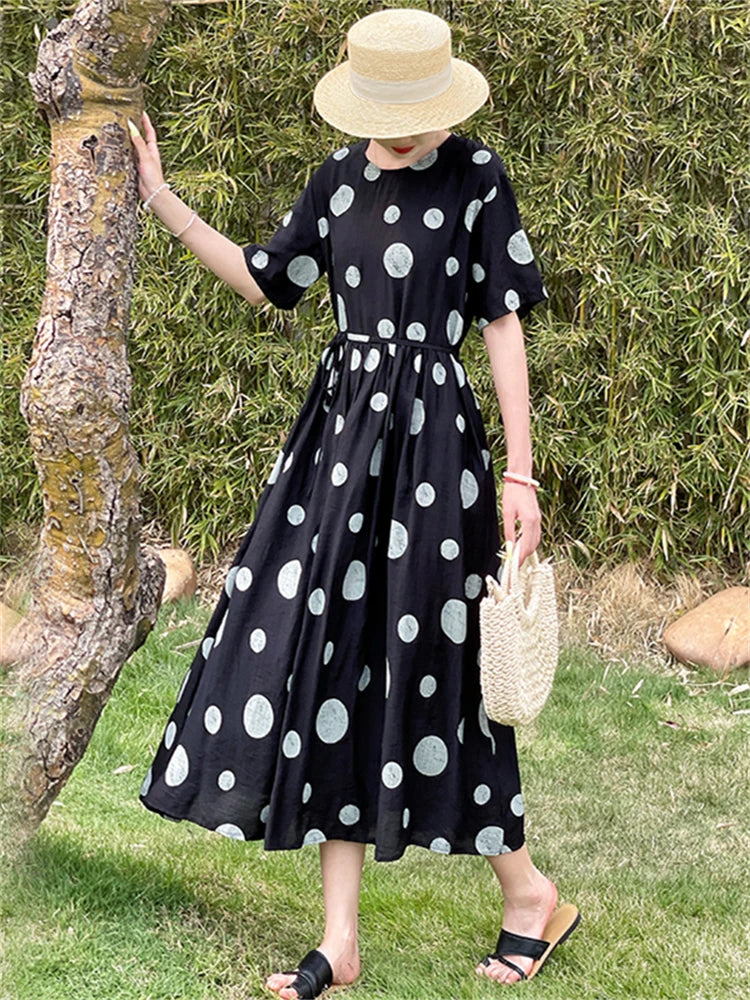 Summer Cotton Vintage Casual Loose Black Dresses For Women Short Sleeve Polka Dot Dress Femme Robe Vestidos Elegant Long Clothes
