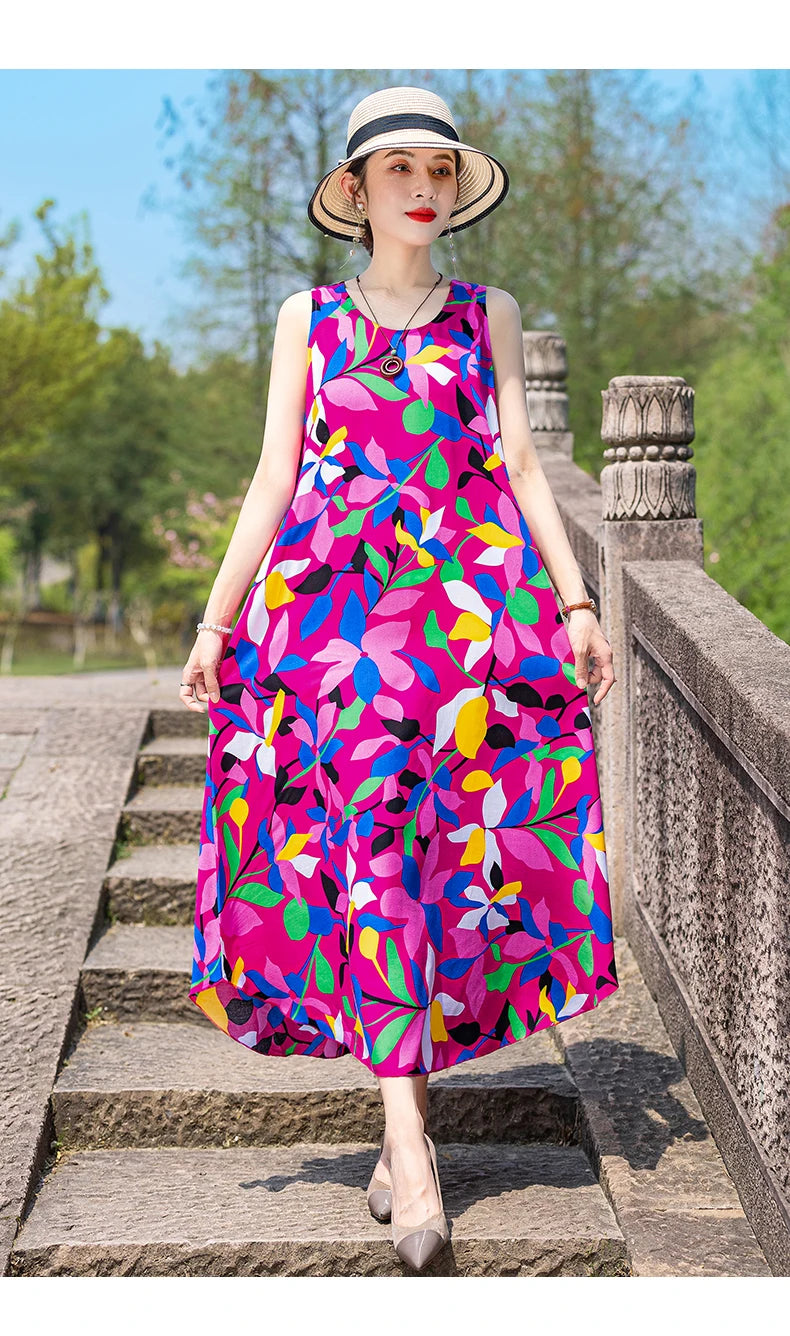 New Women Summer Dresses Vintage Dress FashionRobe Plus Size Sleeveless Femme Casual Print Dresses