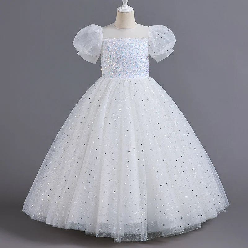 Girls Princess Sequin Bubble Sleeve Long Mesh Flower Dress – Wedding & Summer Party