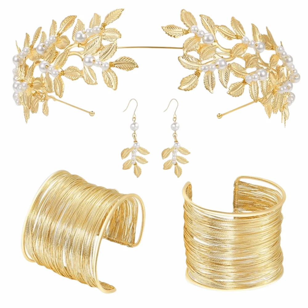 Luxurious Baroque Bridal Jewelry Set Earrings Headpiece And Bracelet Gold Rhinestone For Brides Greek Goddess Theme