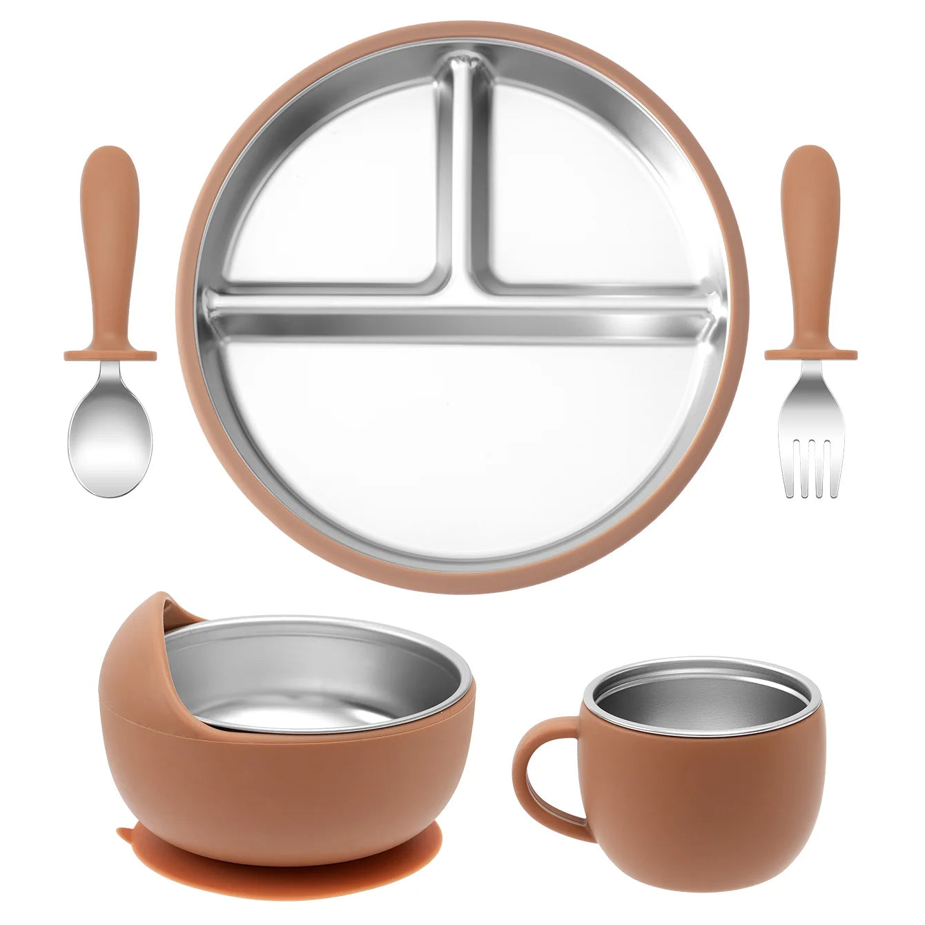 Color Kids Baby Feeding Set 5Pcs Stainless Steel Silicone Tableware For Infants Easy Grip Plates Bowls