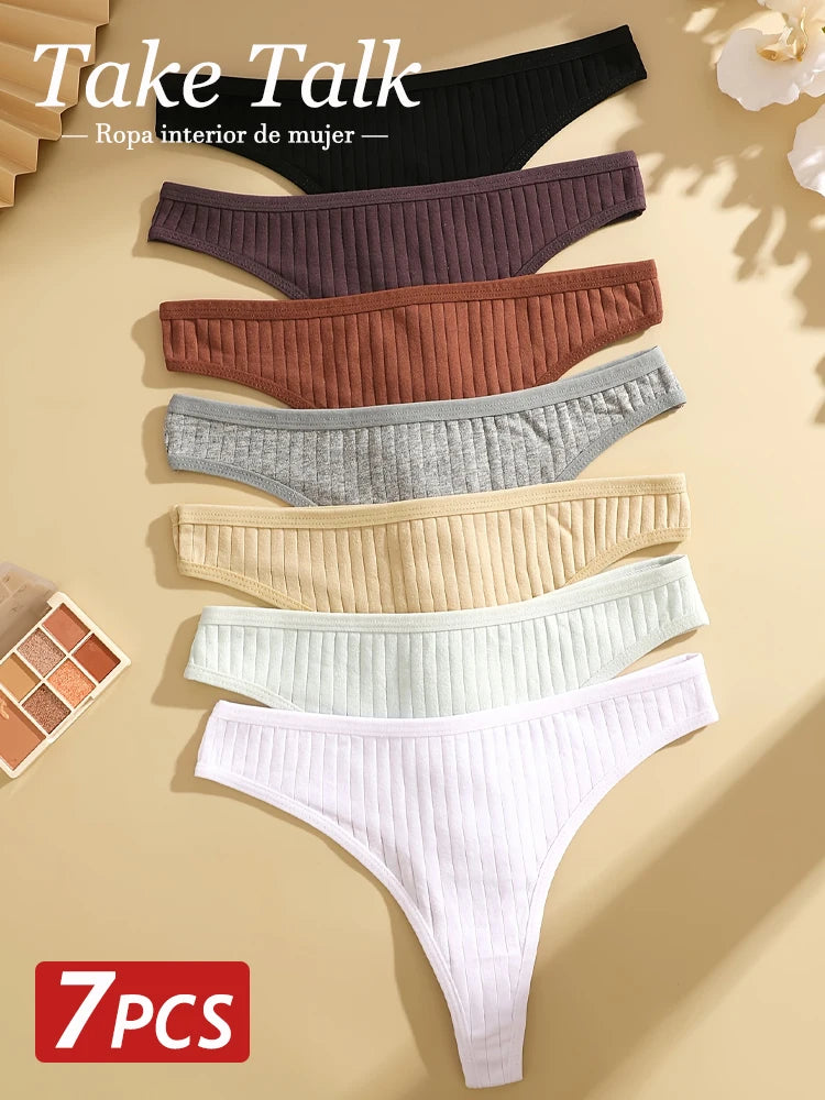 7Pcs Women'S Sexy Cotton G-String Panties Solid Color Ribbed Soft Thongs Female Low Waist Underpants Ladies Sexy Bikini Lingerie