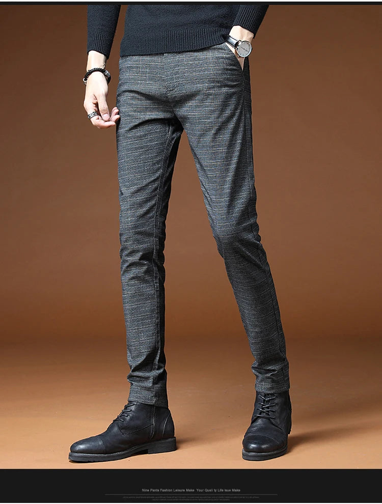 Classic Style Men's Casual Pants Fashion Striped Plaid Business Straight Slim Casual Pants Black Blue Gray Brand Men Trousers