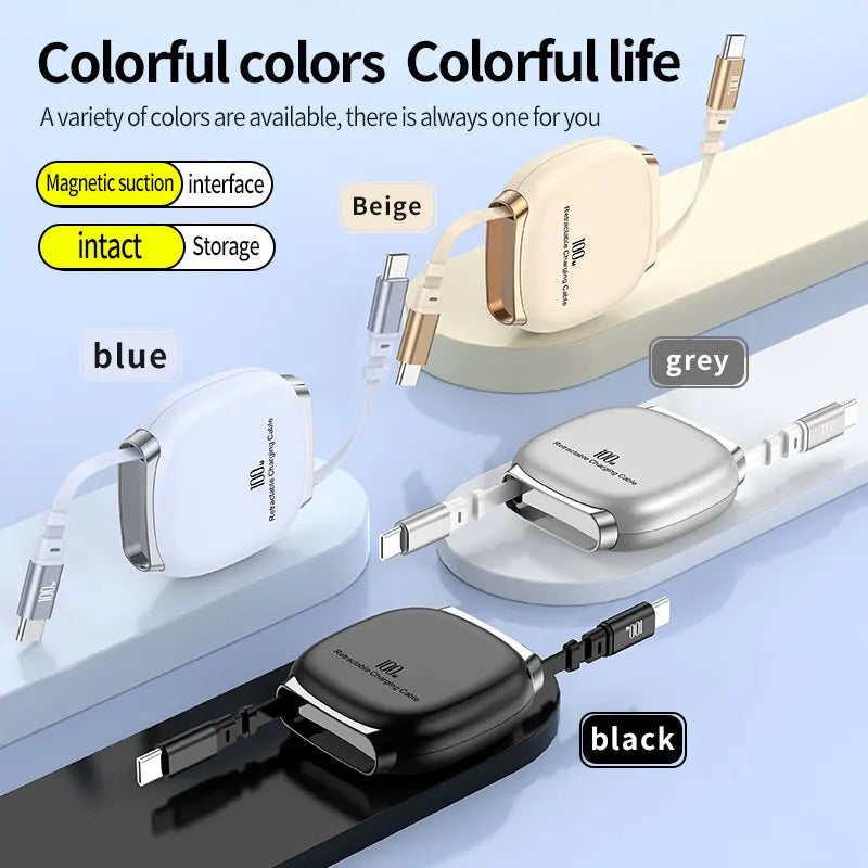 PD 100W Retractable USB-C Fast Charging Cable – iPhone & Android Compatible