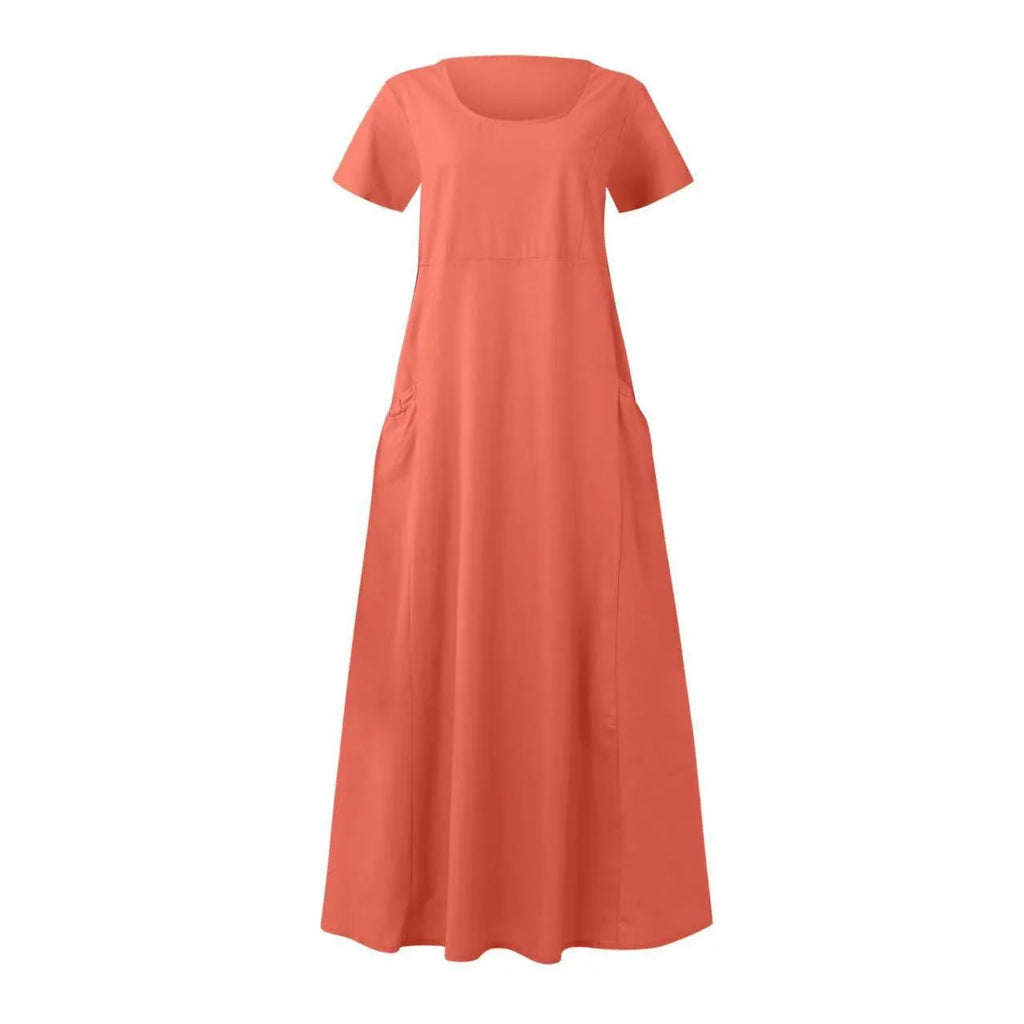 Women Solid Cotton Linen Round Neck Short Sleeve Loose Flowy Maxi Dress EU US Gown