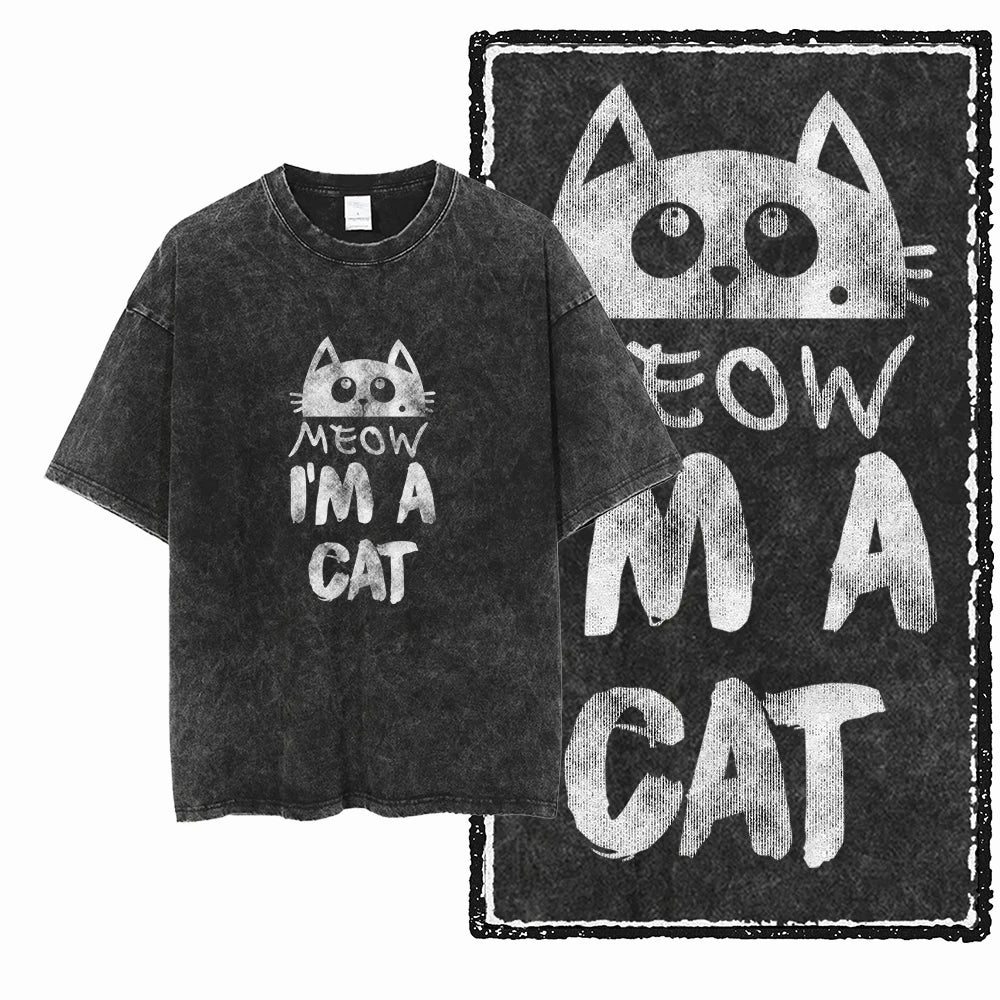 Coolmind Db Cat Printed Acid Washed Cotton T Shirt Unisex Exclusive Graphic Streetwear Tee For Men Big Size