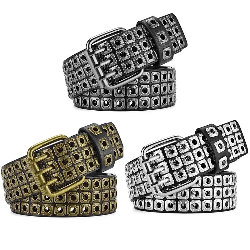 Women Belt  Fashion Square Beads, Willow Nails, Three Exhaust Eyes, Punk Street Cool, Personalized Men's and Women's Belts