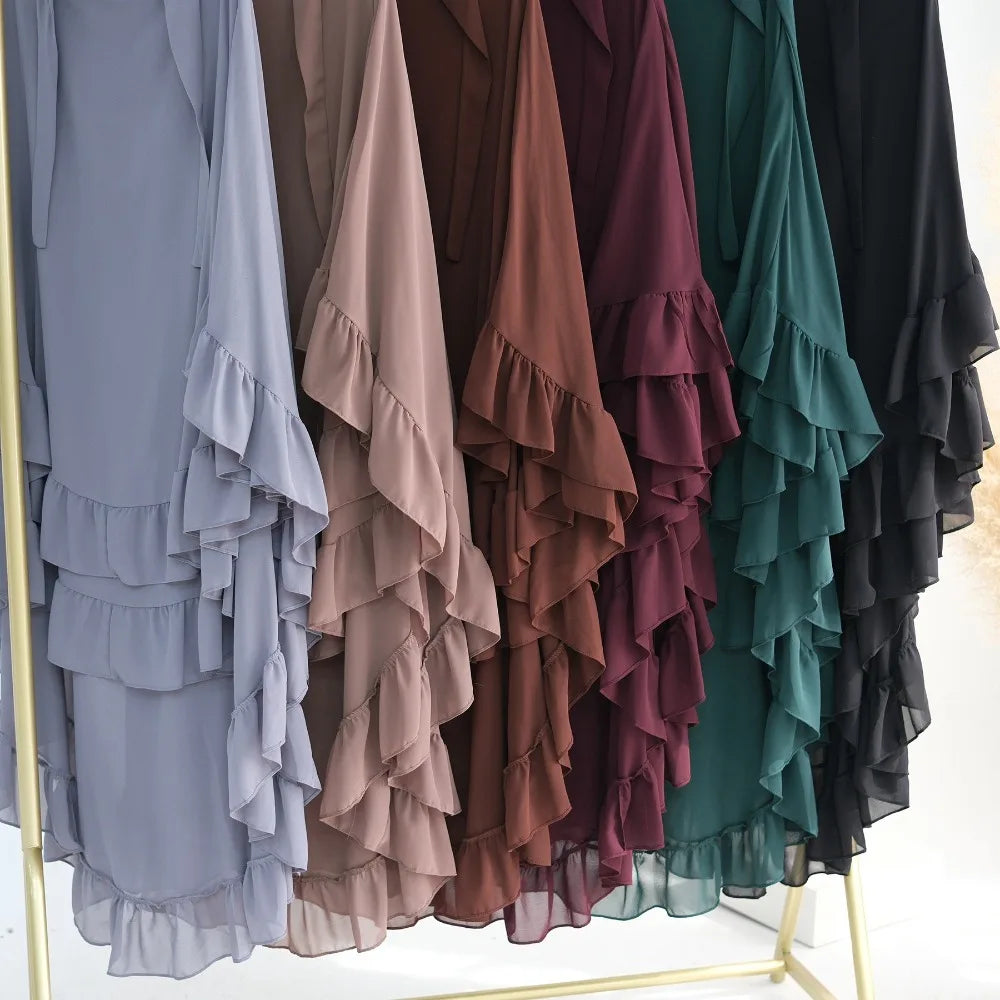 Ruffled Long Chiffon Muslim Abaya Solid Color One-piece Ramadan Khimar Abaya Headscarf Prayer Dress Dubai Saudi Black Robe