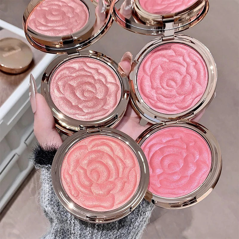 Rose Embossed Blush Powder, Shimmery Finish, Multiple Pink Shades Available, Floral Texture Design, Ideal for Daily Face Makeup