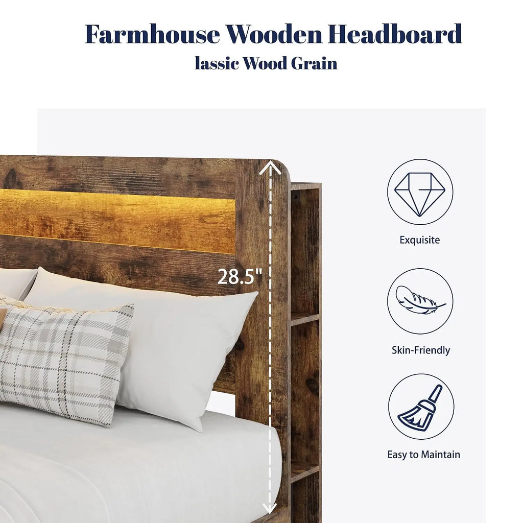 King Size Wooden Platform Bed with Storage Headboard & Charging Station LED Lights Slats No Box Spring, Customized