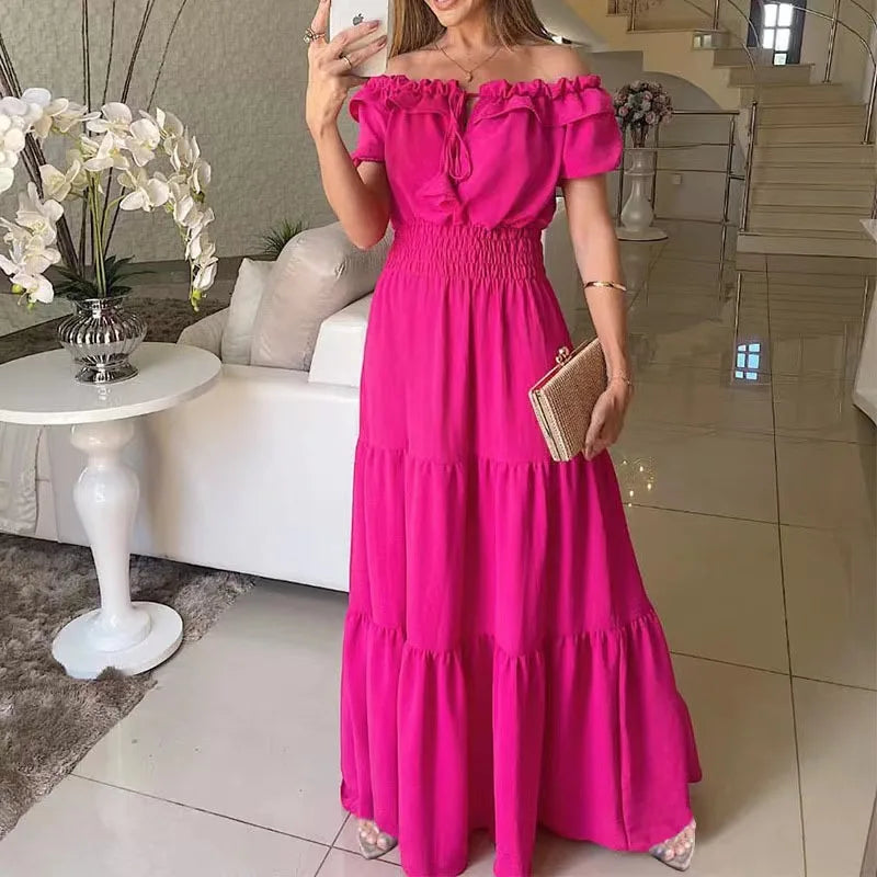 2026 Elegant Women's Off Shoulder Ruffle Sleeve Dress Fashion Solid Color Elastic Waist Tiered Maxi Dresses