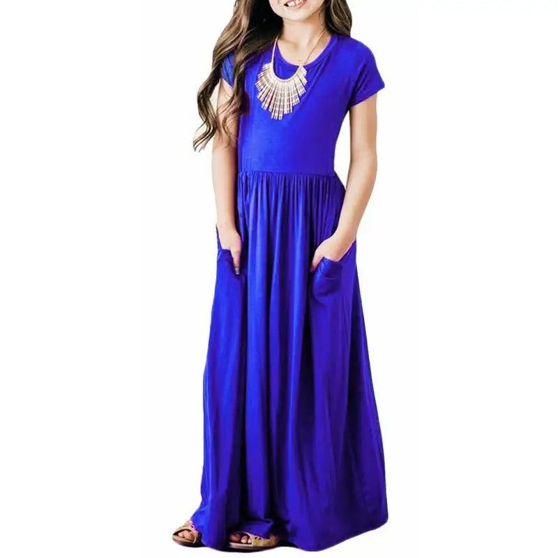 Summer Girls New Solid Color Short Sleeved Long Dress Beach Party Birthday Casual Fashion Show Versatile A-Line Dress