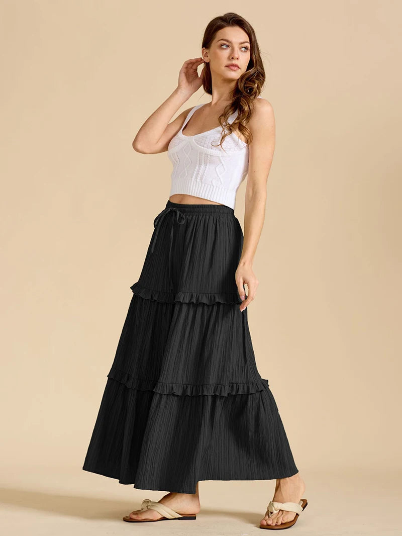Beiyingni 2025 New In Women's Skirt Pure Color Leisure Fashionable Lace-up A-line Long Maxi Skirts Female Simple Slim Faldas