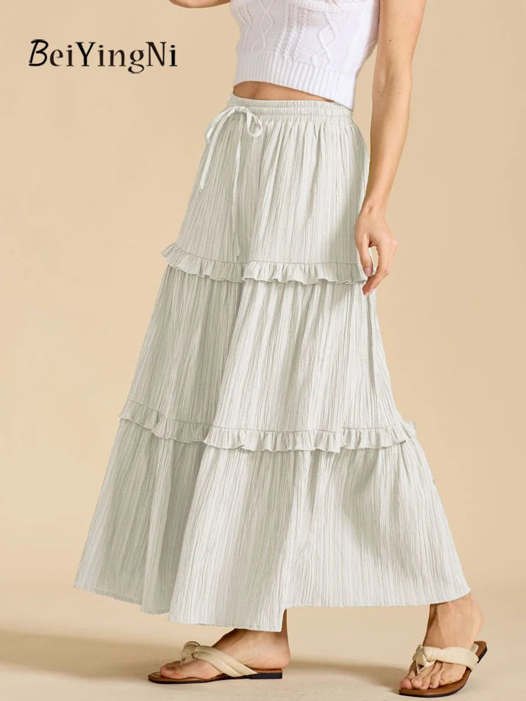 Beiyingni 2025 New In Women's Skirt Pure Color Leisure Fashionable Lace-up A-line Long Maxi Skirts Female Simple Slim Faldas