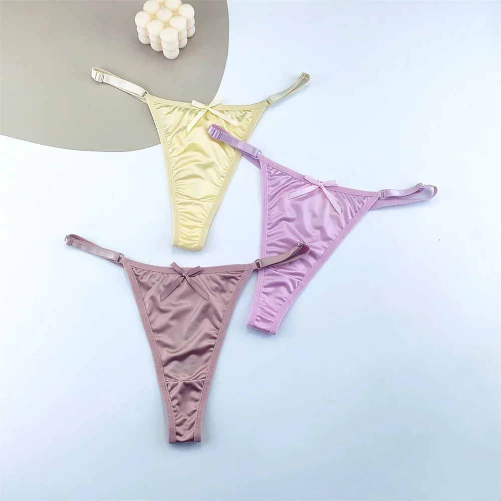 3PCS Women's Adjustable Satin G-String Thong Panties - Low-Rise Bow