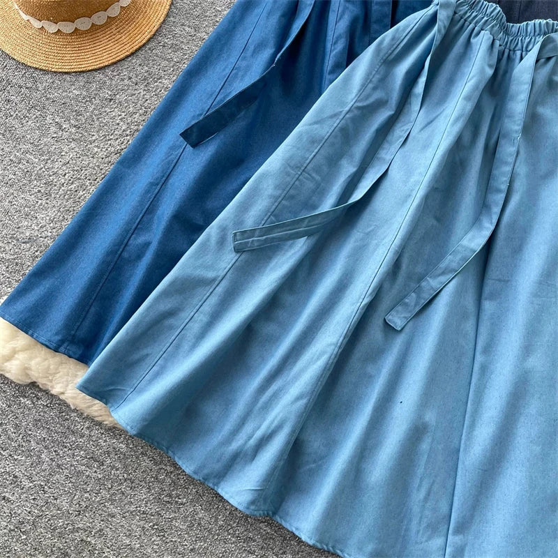 KAROFI Women Bow Tie Elastic Waist Denim Long Skirt Korean A Line Flowy Midi Jeans Skirt Casual Loose Vintage Blue Maxi Skirts