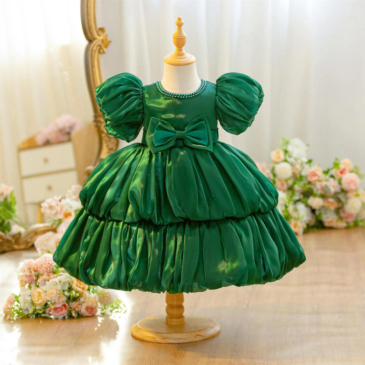 Hetiso Baby Girls Party Dress Puff Sleeve Newborn Birthday Ball Gown Beading Infant Christmas Holiday Frocks 0-2 Years