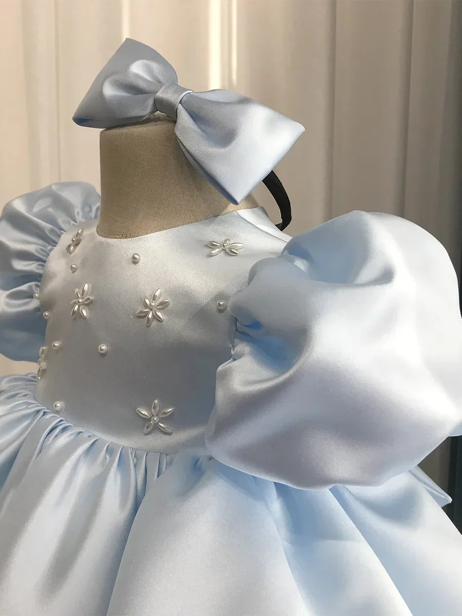 2026 Baby Girls Party Dress Blue Children Clothes Elegant Baptism Sleeves Plain Ball First Birthday Beading Puff Gowns