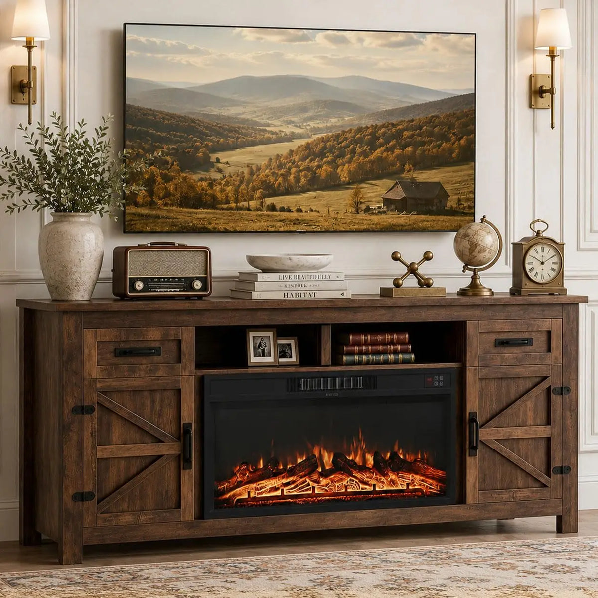 80" TV Stand with Electric Fireplace, Sliding Barn Door Media Console