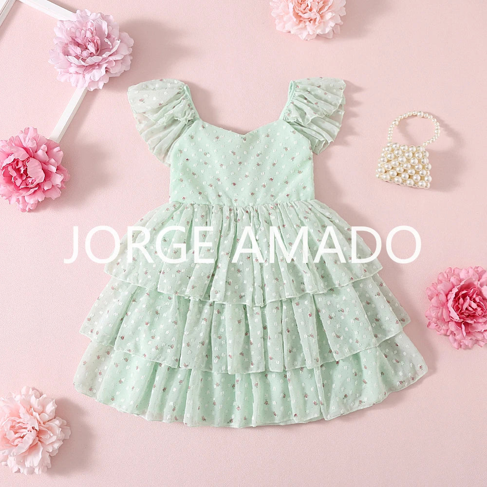 Girls Floral Embroidery Layered Princess Dress | Summer Mesh Sundress