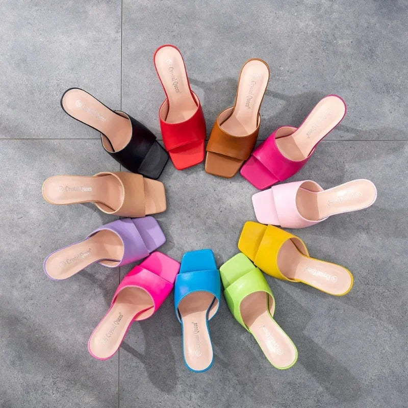 Xihaha Girls Leather Shoes 9Cm Slip On Slippers Woman High Heels Shoes For Women'S Fashion Shoe Square Toes Stilettos Sandals