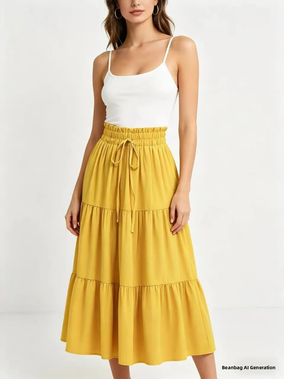 Elegant High Waist A-Line Midi Skirt with Drawstring Pure Color Women's Fashionable Versatile Half-length Skirt for Casual Tr...
