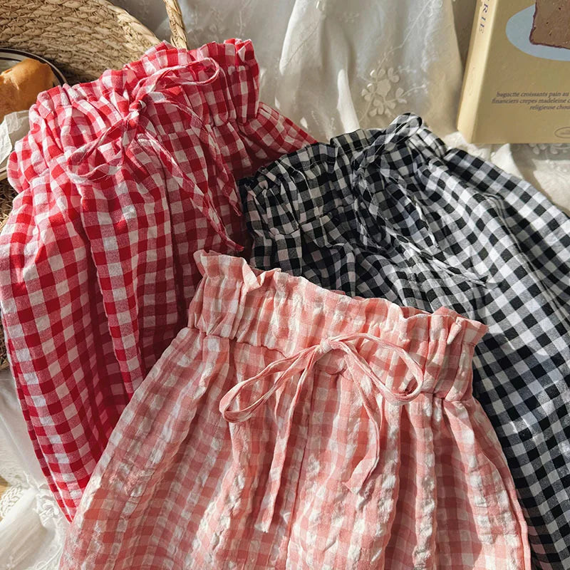 Kids Pants Plaid Printed Wide-leg Pants Flower Waist Summer Culottes Girls Pants Kids Clothes for Girls 2 To 8 Years