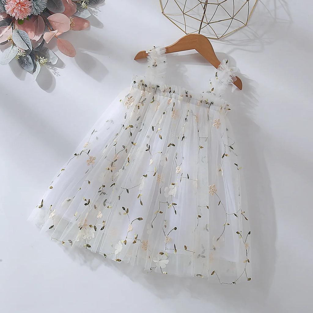 Toddler Baby Girl Princess Embroidery Strap Tutu Dress Sleeveless Flower Kid Mesh Vestido Party Birthday Baby Girl Beach Clothes