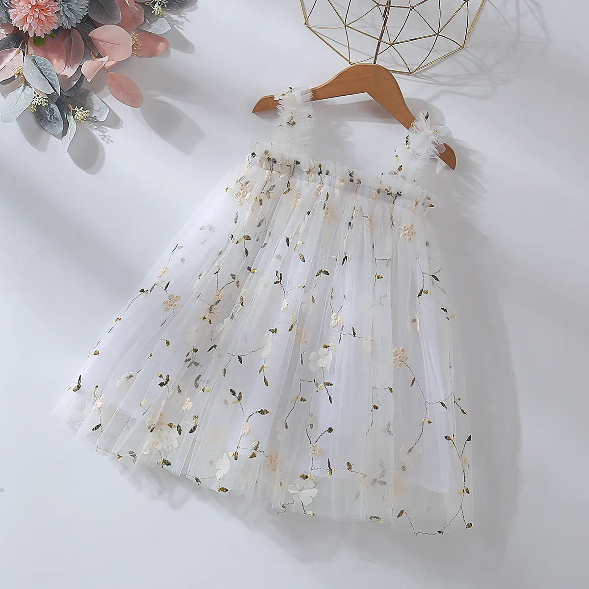 Toddler Baby Girl Princess Embroidery Strap Tutu Dress Sleeveless Flower Kid Mesh Vestido Party Birthday Baby Girl Beach Clothes