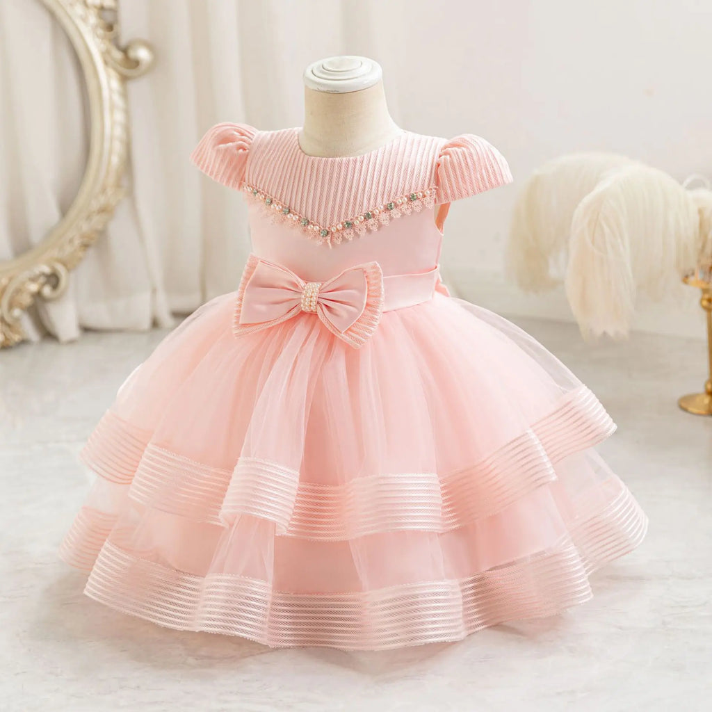 HETISO Striped Wedding Party Dress for Girls Baby Christmas Holiday Layered Gown Toddler Kids Beaded Clothing 6M-4 Years