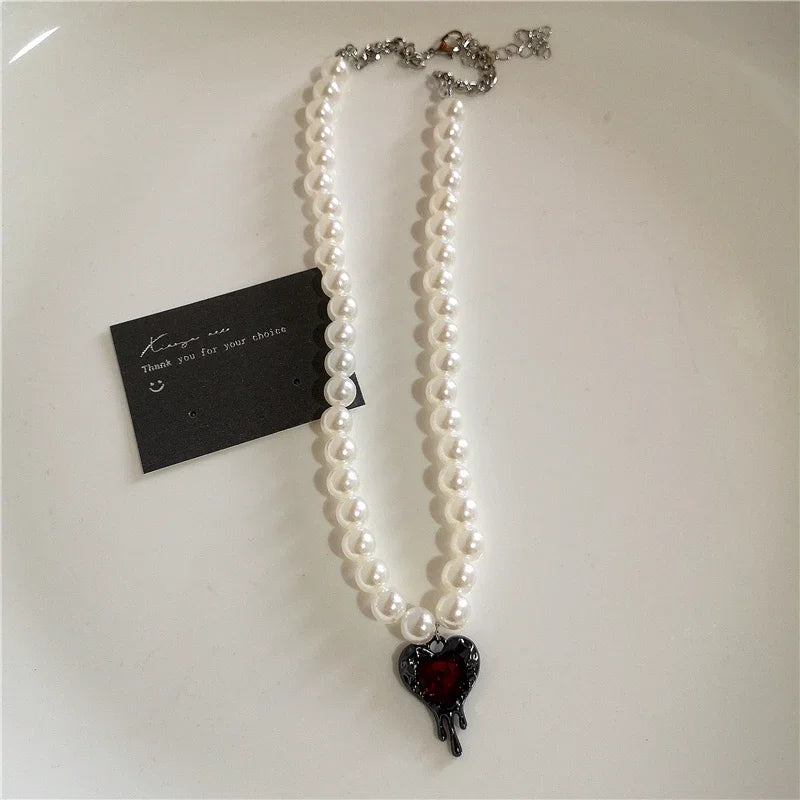 Punk Gothic Red Glass Cross Heart Pendant Pearl Necklace For Women'S Men Hip Hop Y2K 90S Short Choker Charms Jewelry Accessories
