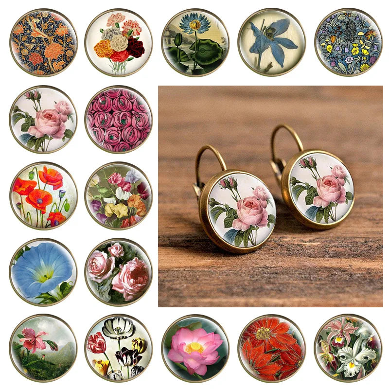 Hot Selling Pop Jewelry Dome Glass Alloy Earrings Flower Painting Noble Fashion
