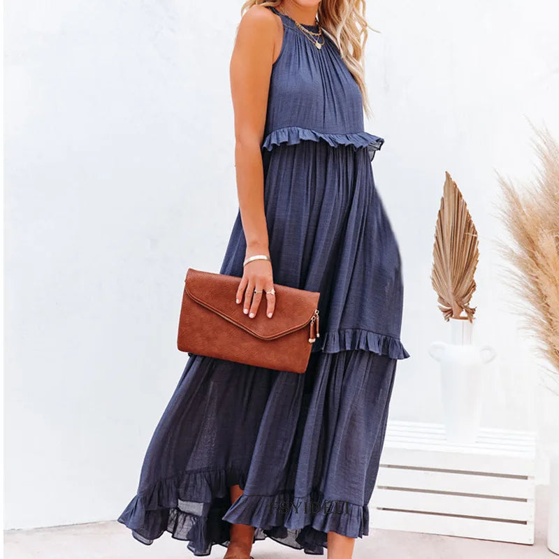 Women Halter Neck Maxi Dress Sleeveless Ruffle Tiered Loose Flowy Bohemian Beach Long Dress