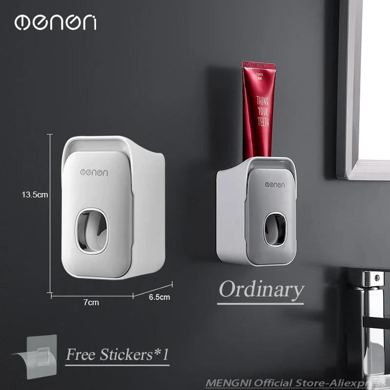 MENGNI Dispensador de pasta dental montado en la pared, exprimidor de pasta dental para baño sin perforaciones, soporte para cepillos de dientes, funcionamiento manual