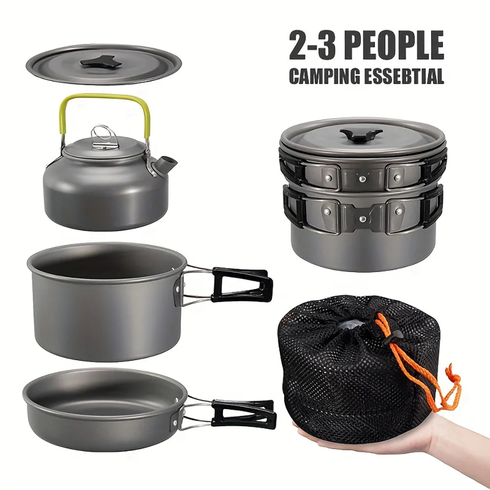 Juego de utensilios de cocina para acampada al aire libre, olla antiadherente de aluminio, vajilla portátil para exteriores, olla para cocinar, cuenco, senderismo, barbacoa, picnic