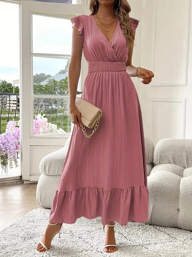 Women's Fashionable Elegant and Casual Long Ruffled Sleeves and Elegant Commuting V-neck Solid Color Pleated Splicing Slim Dress