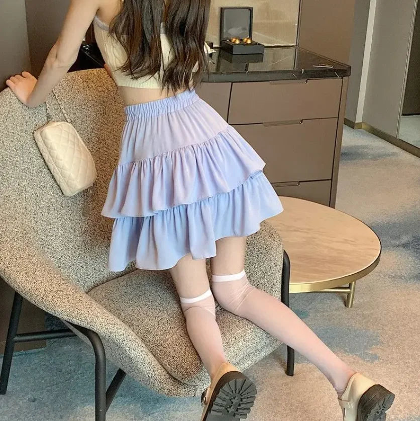 Ruffled Cake Skirts for Women High-waisted A-line Solid All-match Sweet Lovely Girls Korean Style Gentle Spring Kawaii Casual