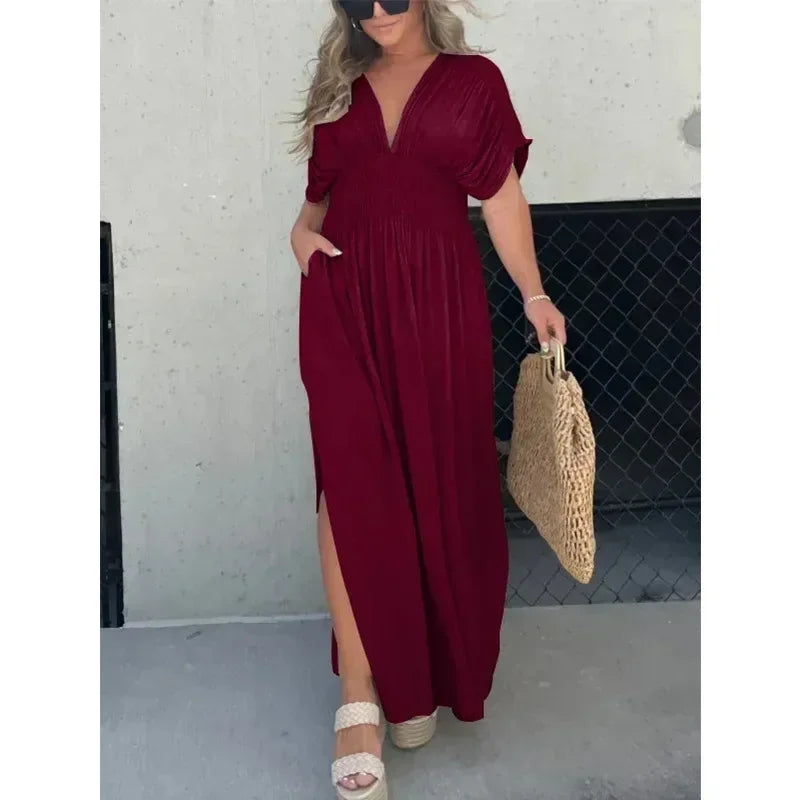 Slit V-neck Effortless Maxi Dress Solid Color Women Backless Leace-up Bat Sleeve Slit Dress Casual Beach Vacation Daily Wear