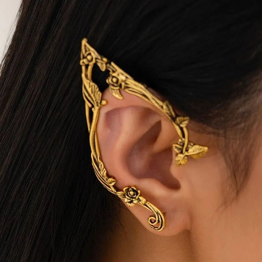 Purui Popular Gold Color Elf Flower Leaf Ear Clip Cute Jewelry Accessory Fairy Piercing Earrings Wedding Girls Jewelry Gifts New