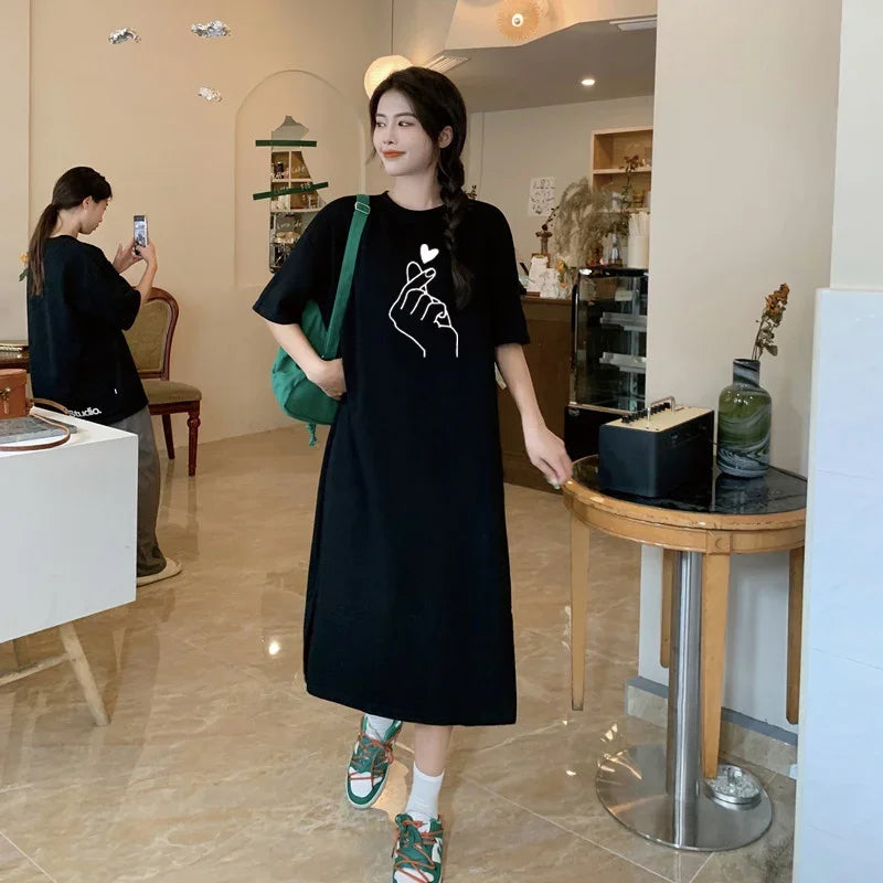 Spring and Summer Simple Temperament and Elegant Heart-print Large Size Loose Dress Casual Women Short-sleeved Going Out Dresses
