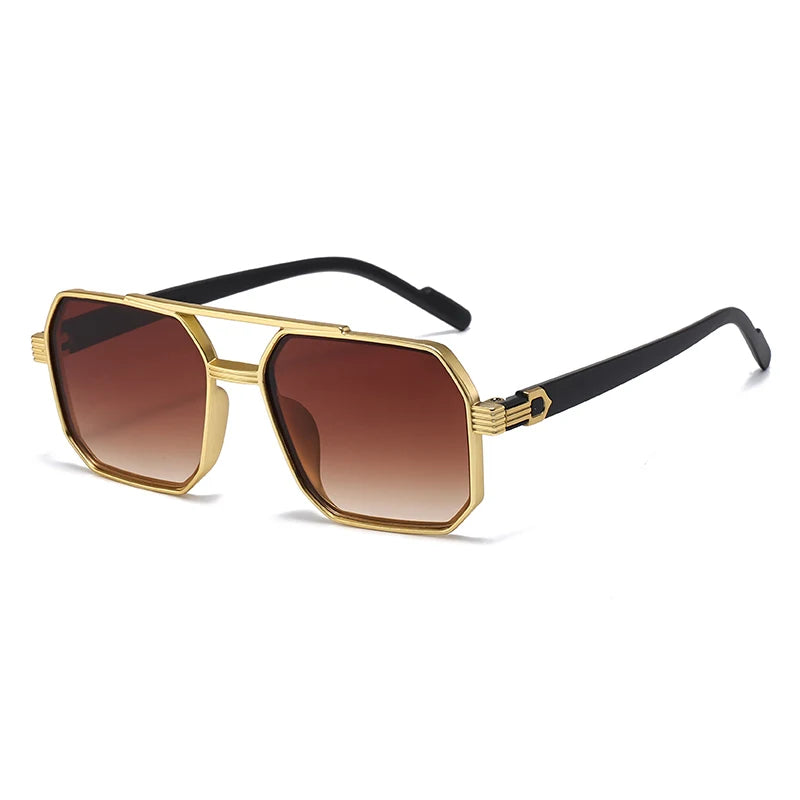 Car Sun Glasses 3pcs Retro Large Frame Square Sunglasses Classic Double Beam Metal Frame Glasses Fashion Men'S Gradient Eyewear