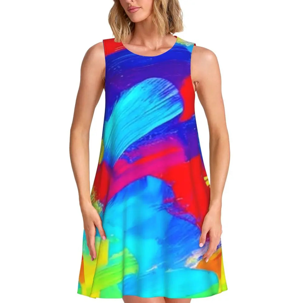 Abstract Brush Print Casual Dress Colorful Print Sleeveless Pretty Dresses Woman Crewneck Aesthetic Dress Spring Print Clothes