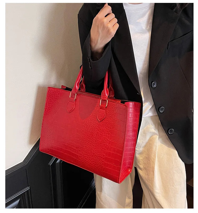 Spring 2025 Large Capacity Fashionable Handbag Casual Commuting Trendy Crocodile Pattern Tote Bag Street Style PU Material