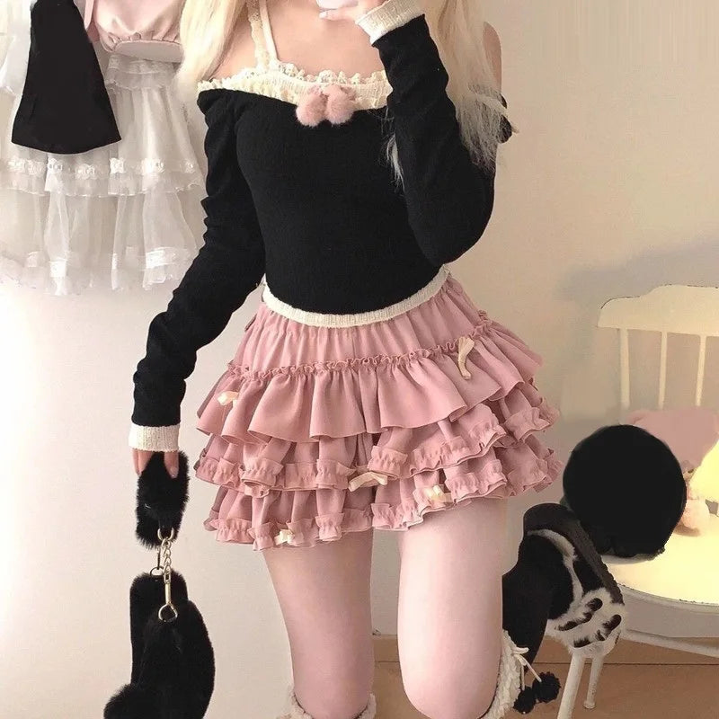 Women Short Skirt Female Elastic Waist Tutu Skirts Ruffled A-line Mini Pleated Cake Skirt