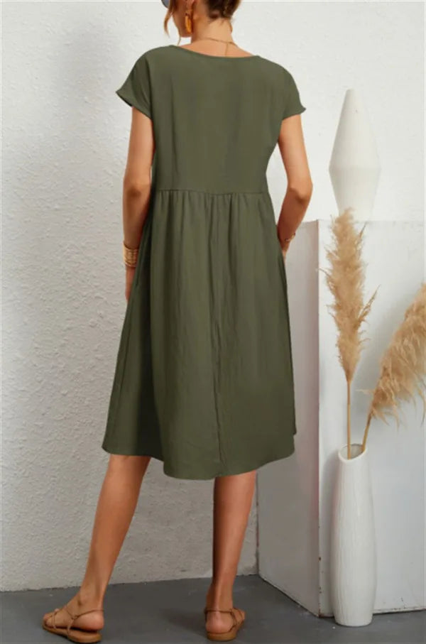Customizable Fashion Solid Dress Women Cotton Linen O-Neck A-line Dress